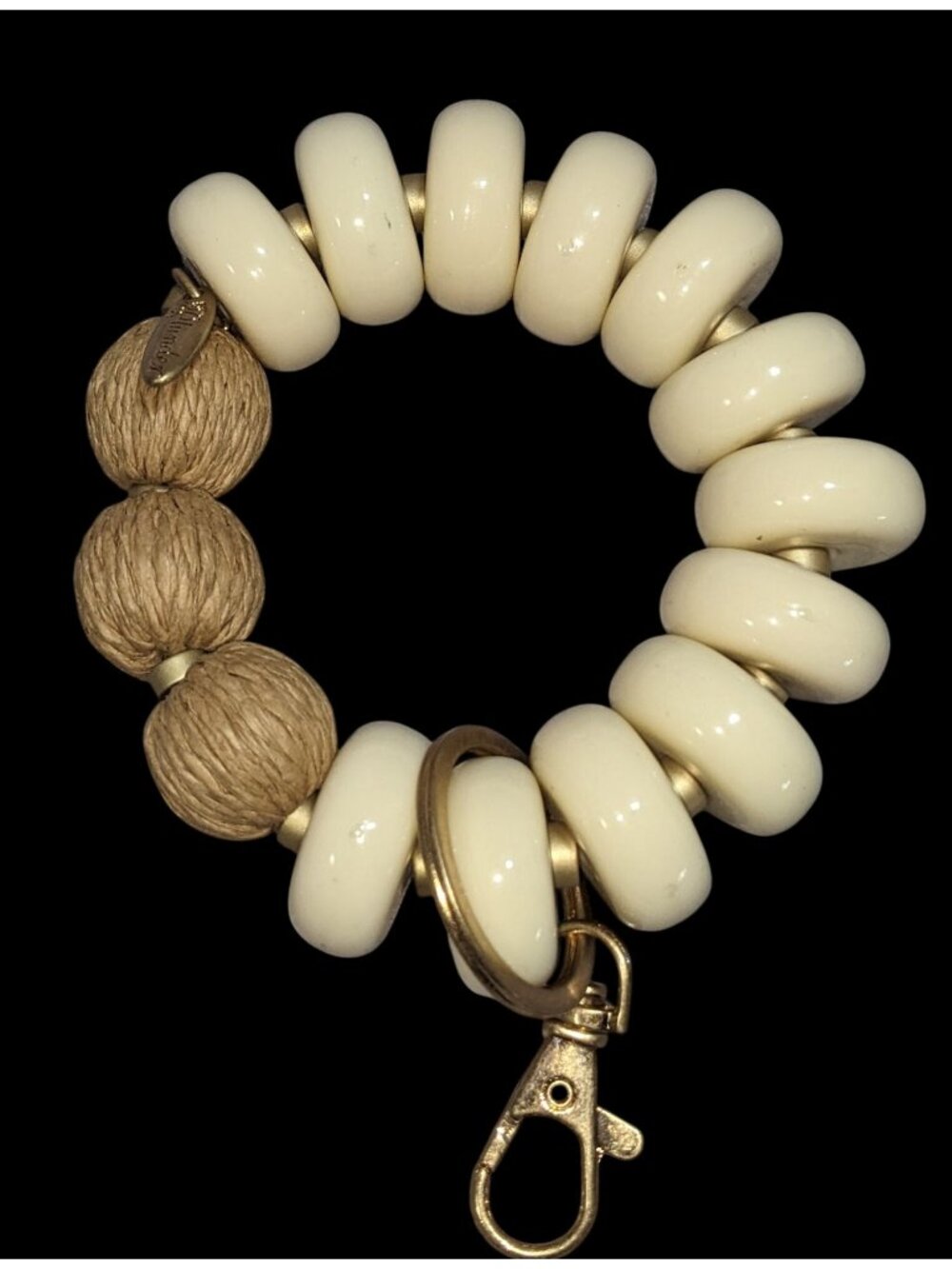 Plunder Jewelry Bracelet/Keychain Stretchy Cream Beads & Natural Rope